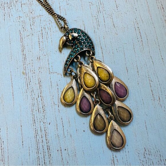 Silver Blue Purple Yellow Articulated Parrot Necklace - Picture 2 of 2